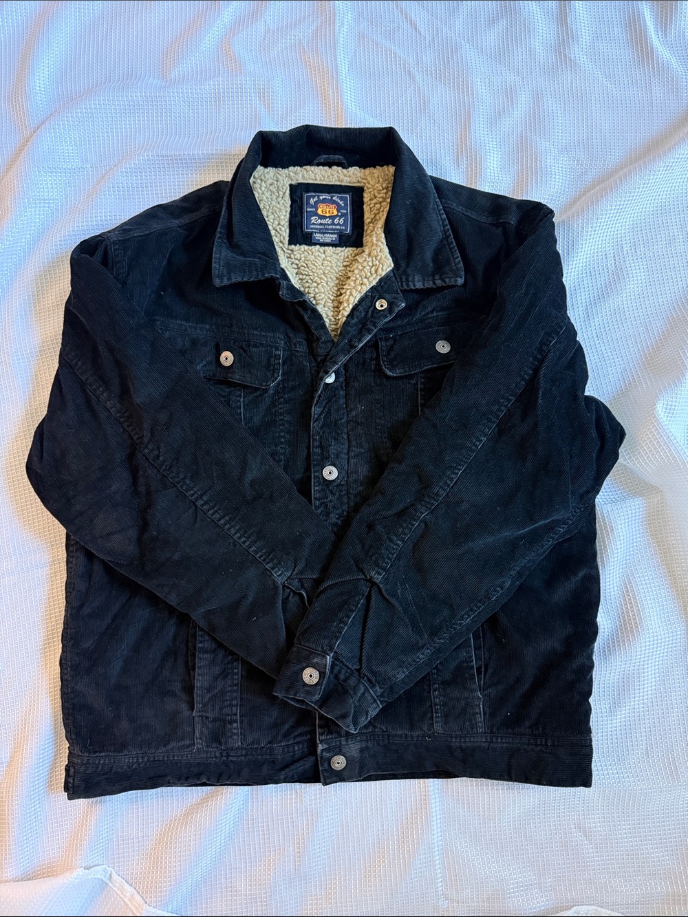 Vintage Route 66 Men's Black Corduroy Jacket with Cream Sherpa Lining